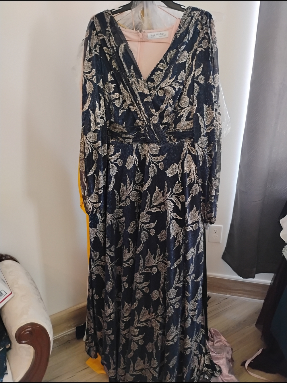 Betsy & Adam Navy and Silver Metallic Floral Wrap Maxi Dress